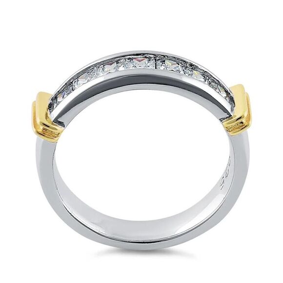 Sterling Silver Men's Two Tone Yellow Gold Wedding Band CZ Ring New - Picture 3 of 4